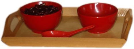 SPOONING FROM MASTER BOWL TO AN IDINTICAL BOWL.(Master bowl,identical  bowl,tray with a spoon)