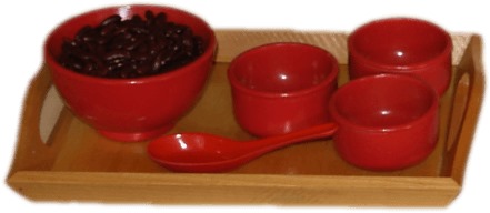 SPOONING FROM MASTER BOWL TO THREE EQUAL BOWLS (Master bowl, three equal bowls,tray with a spoon)