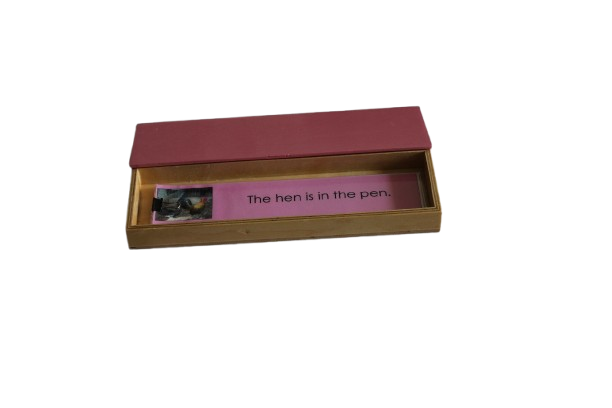 PINK RECTANGULAR BOXES FOR SENTENCES SET OF TWO( TWO WOODEN BOXES WITH INDIVIDUAL SET OF SENTENCE CARD ONE WITH ATTACHED PICTURE THE OTHER WITH DITACHED PICTURE)