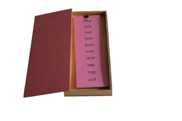 PINK WORDLISTS (WOODEN BOX WITH 6 WORD LISTS HALF OF A4 SIZE WITH VOWEL  SOUND "A.E.I,O,U" AND MIXED VOWEL)