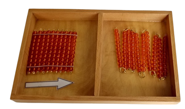 1 HUNDRED BEAD CHAIN (A WOODEN BOX WITH CHAIN OF HUNDREDS  SQARE OF 100 AND NUMBER COUNTERS AND ONE POINTER)