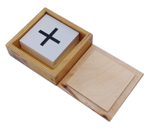 BOX OF MATHAMATICALS SIGN CARDS +,-,X,%,=(WOODEN CARDS WITH PRINTED SIGNS OF "+,-,x,%,="