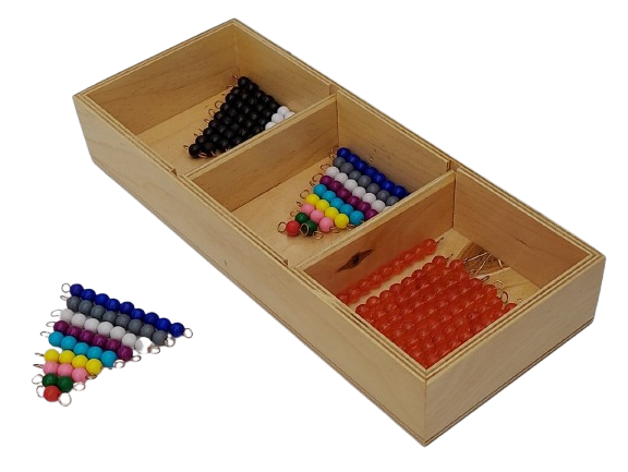 SNAKE GAME (A WOODEN BOX WITH 3 COMPARTMENT  CONTAINING 9 BARS OF 10,ONE SET OF BLACK AND WHITE SHORT BEAD STAIRS  ,TWO SETS OF COLOURED  SHORT BEADS STAIRS